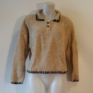 Womens J&M Varon Tan Black Knitted By Hand Chenille Collared Sweater OS *